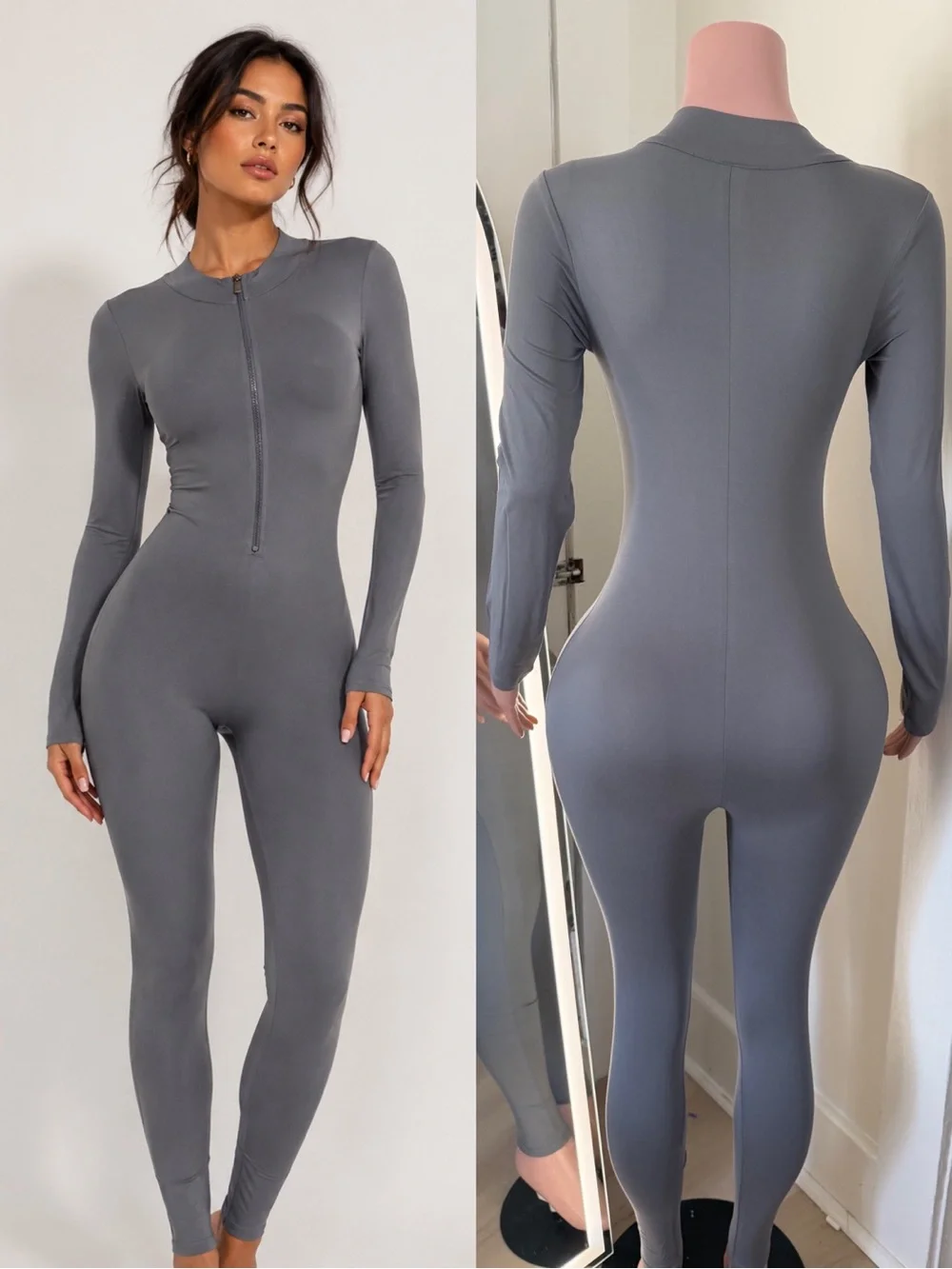 Long-Sleeve Zip-Front Gray Soft Jumpsuit